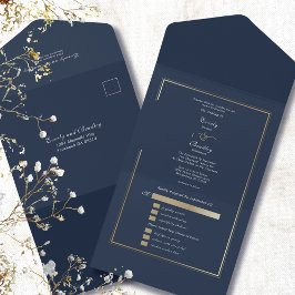 Minimalist Navy Background Gold Frame Wedding  All In One Einladung