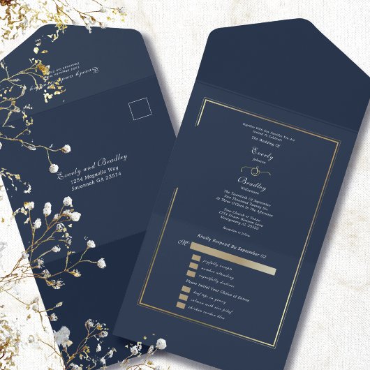 Minimalist Navy Background Gold Frame Wedding  All In One Einladung