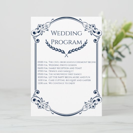 Minimalist Navy Blue and White Wedding Program Programm (Stehend Vorderseite)