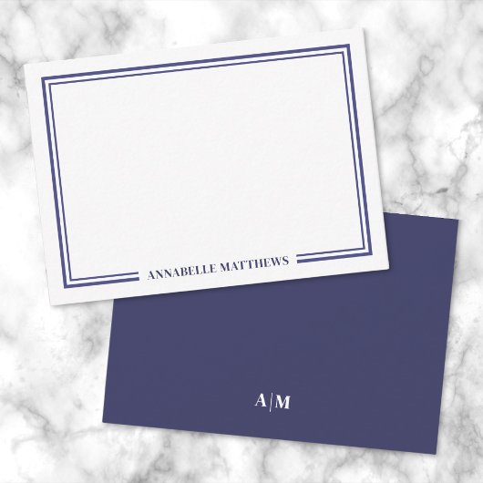 Minimalist Navy Blue Two Border Monogram Mitteilungskarte