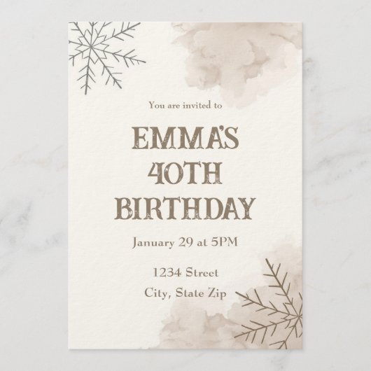 Minimalist Neutral Winter 40th Birthday Invitation Einladung (Vorderseite)