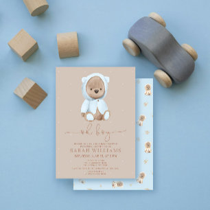 Minimalist Oh Boy Dusty Blue Bär Baby Shower Einladung