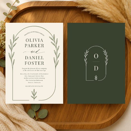 Minimalist Olive Green Boho Arch Wedding Einladung