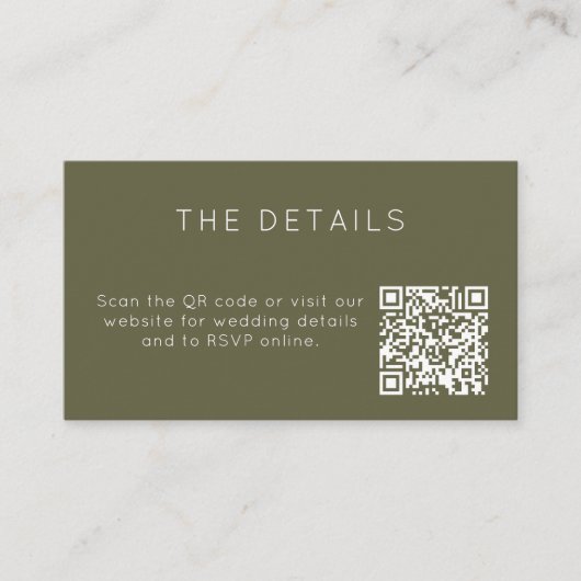 Minimalist Olive Green Wedding RSVP Online QR Code Begleitkarte (Vorderseite)