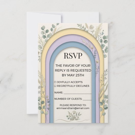 Minimalist Pastel Arch Frame Botanical Wedding RSVP Karte (Vorderseite)