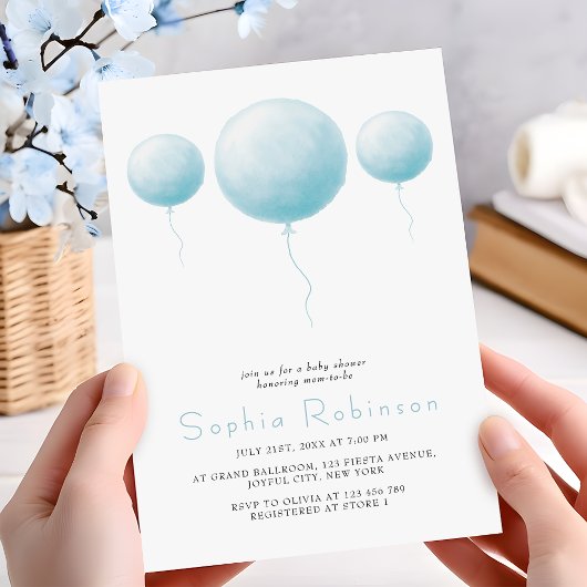Minimalist Pastel Blue Balloons Baby Boy Shower Einladung