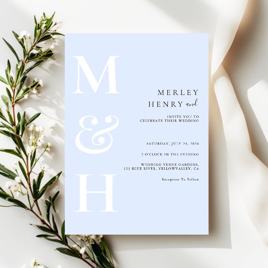 Minimalist Pastel Blue White Monogram Wedding Einladung