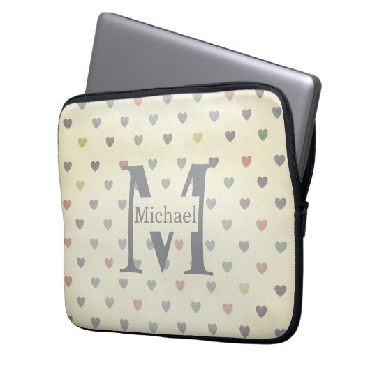 Minimalist Pastel Heart Pattern Custom Monogram  Laptopschutzhülle (Vorderseite Links)