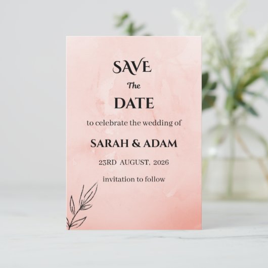 Minimalist Peach Botanical Save the Date (Stehend Vorderseite)