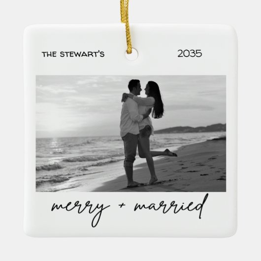 Minimalist Photo Merry & Married Elegant Simple Keramikornament (Vorderseite)