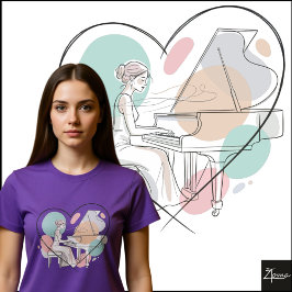 Minimalist Piano Player Pastel Heart Sketch T-Shirt