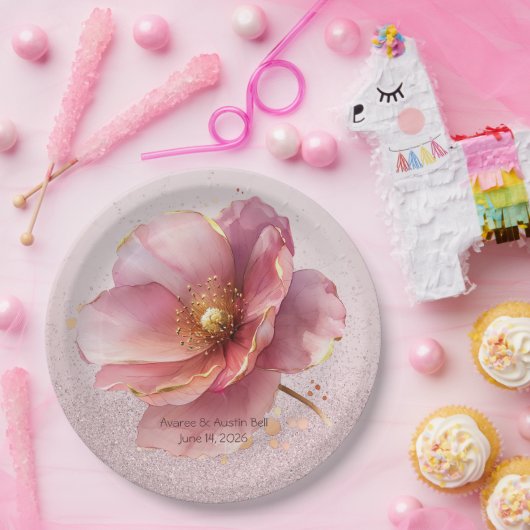 Minimalist Pink and Gold Poppy Wedding Pappteller (Party)