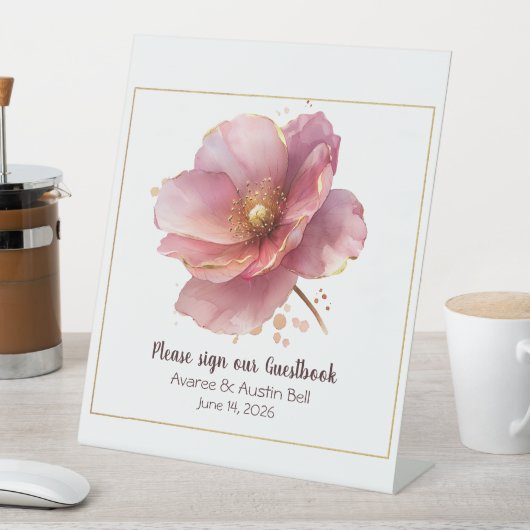 Minimalist Pink and Gold Poppy Wedding Sockelschild (In Situ)