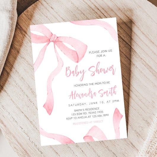 Minimalist Pink Bow Baby Shower Einladung
