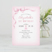 Minimalist Pink Bow First Birthday Invitation Einladung (Stehend Vorderseite)