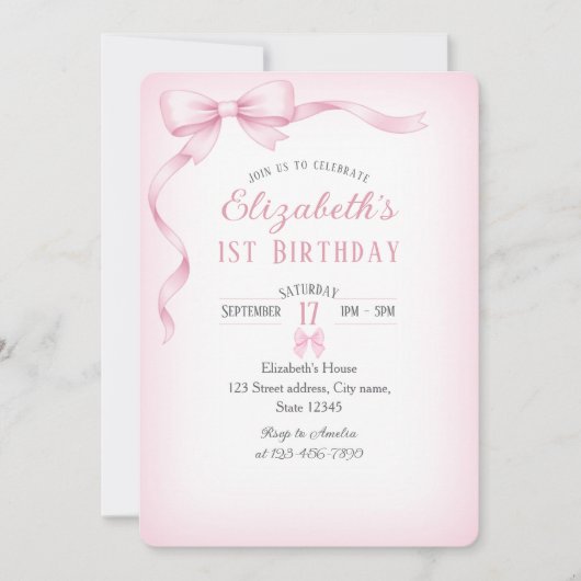 Minimalist Pink Bow First Birthday Invitation Einladung (Vorderseite)