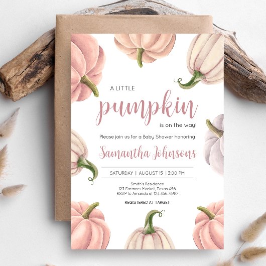 Minimalist Pink Pumpkin Fall Baby Shower Einladung