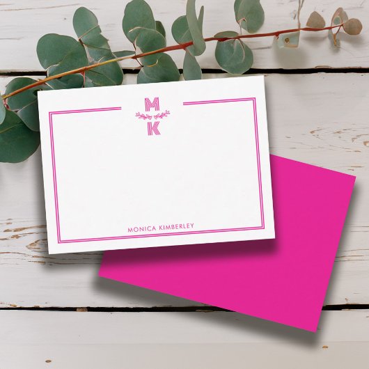 Minimalist Pink Two Border Monogram Note Card Mitteilungskarte
