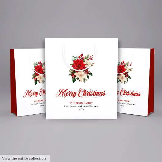 Minimalist Poinsettia Script Font Holiday Gift Bag Mittlere Geschenktüte