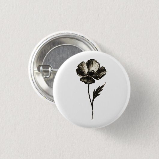 Minimalist Poppy – Monochrome Botanical Ink Art on Button (Vorne & Hinten)