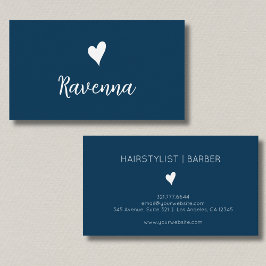 Minimalist Prussian Blue White Heart Barber Name Visitenkarte