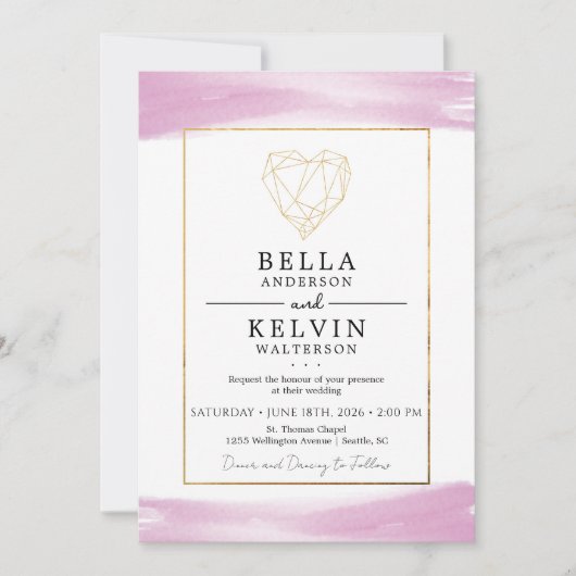 Minimalist Purple Watercolor Gold Heart Invitation Einladung (Vorderseite)