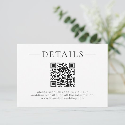 Minimalist QR Code Black White Wedding Details Begleitkarte (Stehend Vorderseite)