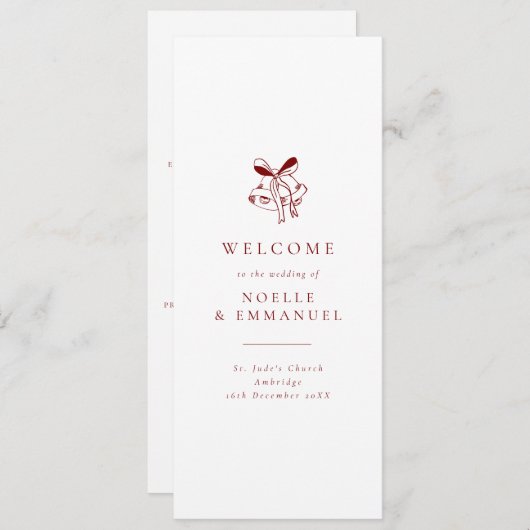 Minimalist Red Christmas Bells Winter Wedding Programm (Vorne/Hinten)