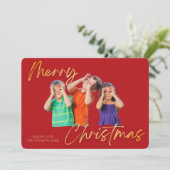 Minimalist Red Gold Merry Christmas Handwriting Einladung (Stehend Vorderseite)