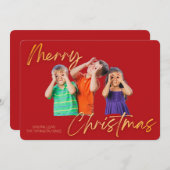 Minimalist Red Gold Merry Christmas Handwriting Einladung (Vorne/Hinten)