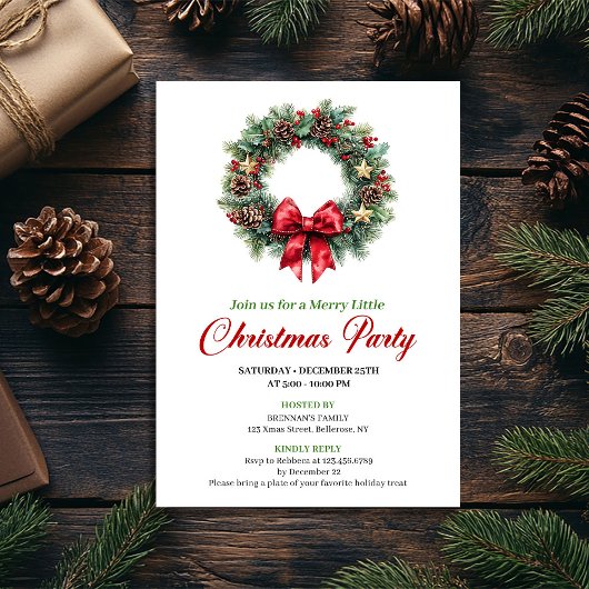 Minimalist Red Green Christmas Wreath Party Card Einladung