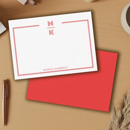 Minimalist Red Two Border Monogram Note Card Mitteilungskarte