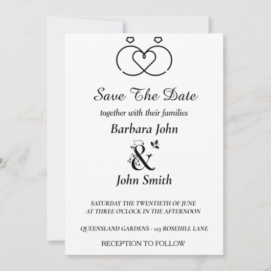 Minimalist Rings Heart Wedding Save The Date  Einladung (Vorderseite)