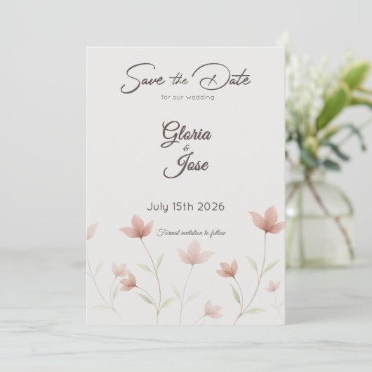 Minimalist Rosa Wildblume Save The Date (Stehend Vorderseite)