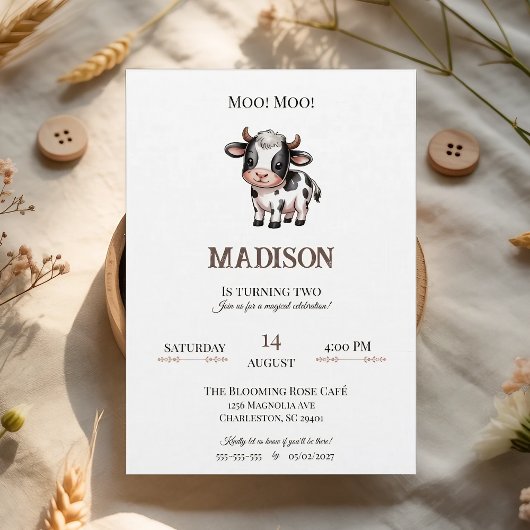 Minimalist Rose Beige Invitation Cow Birthday Einladung