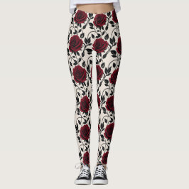 Minimalist Roses In Black And Deep Red On A Cream  Leggings