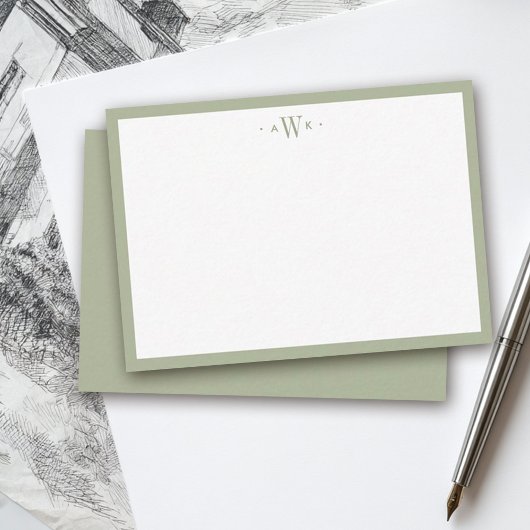 Minimalist Sage Green Border Modern Monogram Mitteilungskarte