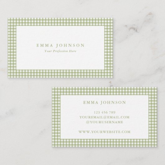 Minimalist Sage Green Gingham Plaid Visitenkarte (Vorne/Hinten)