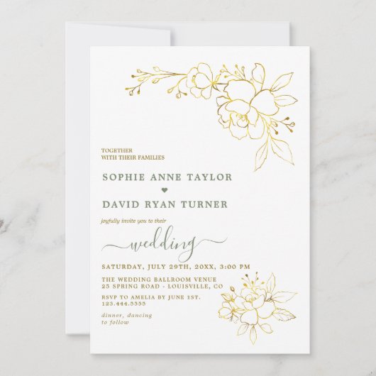 Minimalist Sage Green Gold Flowers Wedding Einladung (Vorderseite)