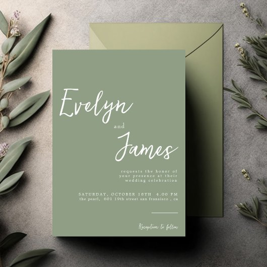 Minimalist Sage Green Modern Unique Wedding Einladung