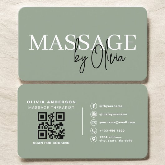 Minimalist Sage Green Spa Massage QR Code Visitenkarte