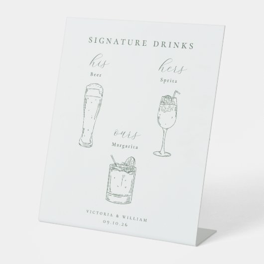 Minimalist Sage Green Wedding Signature Drinks Sockelschild (Vorderseite)