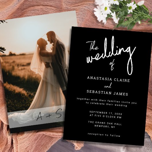 Minimalist Script Black and White Photo Wedding Einladung