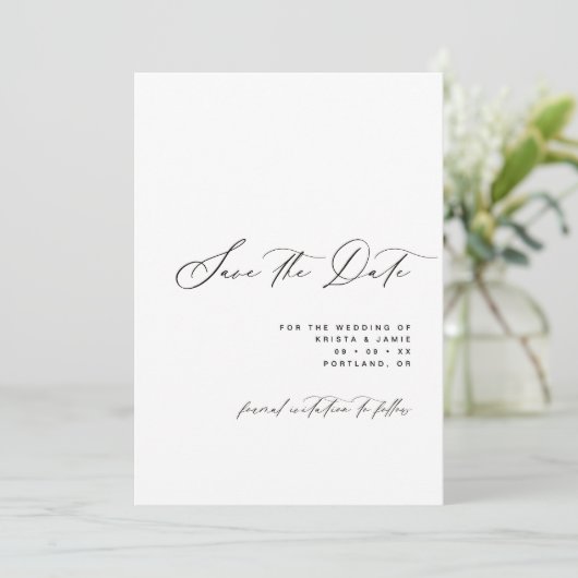 Minimalist Script Black & White Photo Wedding Save The Date (Stehend Vorderseite)