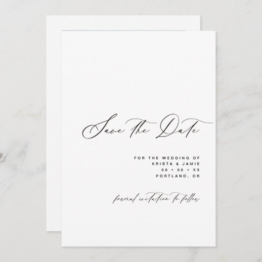 Minimalist Script Black & White Photo Wedding Save The Date (Vorne/Hinten)