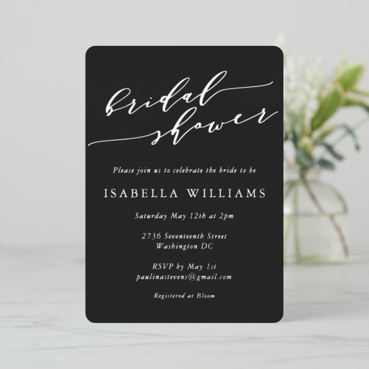 Minimalist Script Bridal Shower Black Silver Folieneinladung (Stehend vorne)