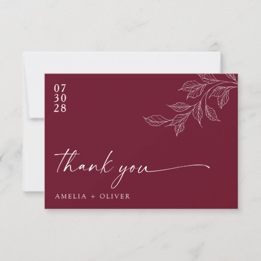 Minimalist Script Burgundy Botanical Wedding Dankeskarte (Vorderseite)