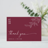 Minimalist Script Burgundy Botanical Wedding Dankeskarte (Stehend Vorderseite)