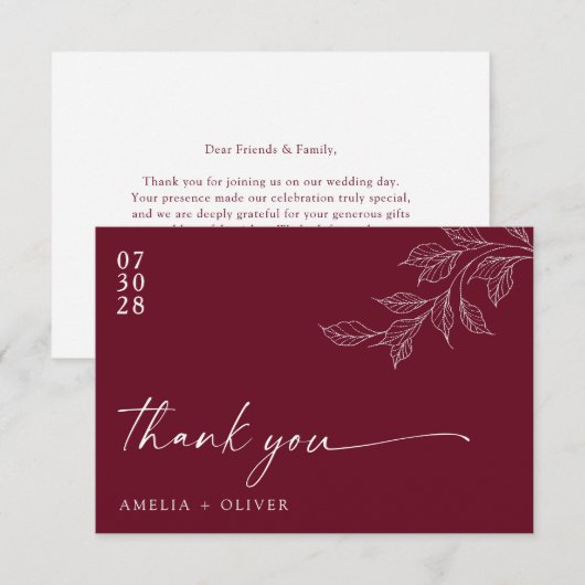 Minimalist Script Burgundy Botanical Wedding Dankeskarte (Vorne/Hinten)