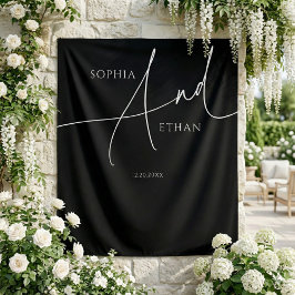 Minimalist Script Calligraphy Black Wedding Wandteppich